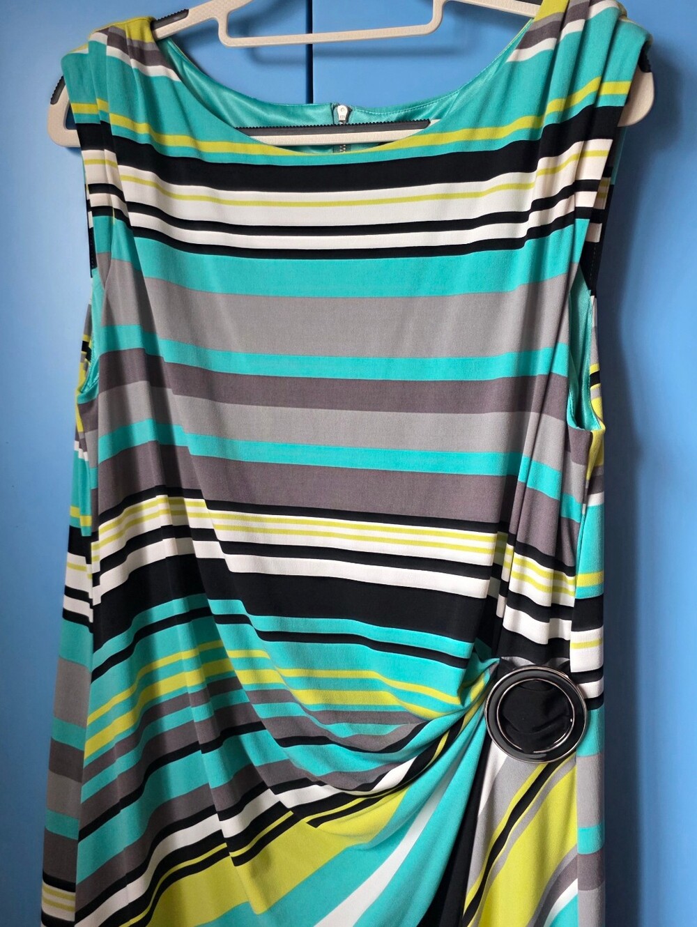 Tahari Striped Sleeveless Jersey Dress in Teal, Gray & Lime
